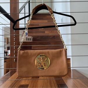 Tory Burch Tan and Gold Shoulder Bag with Iconic Logo